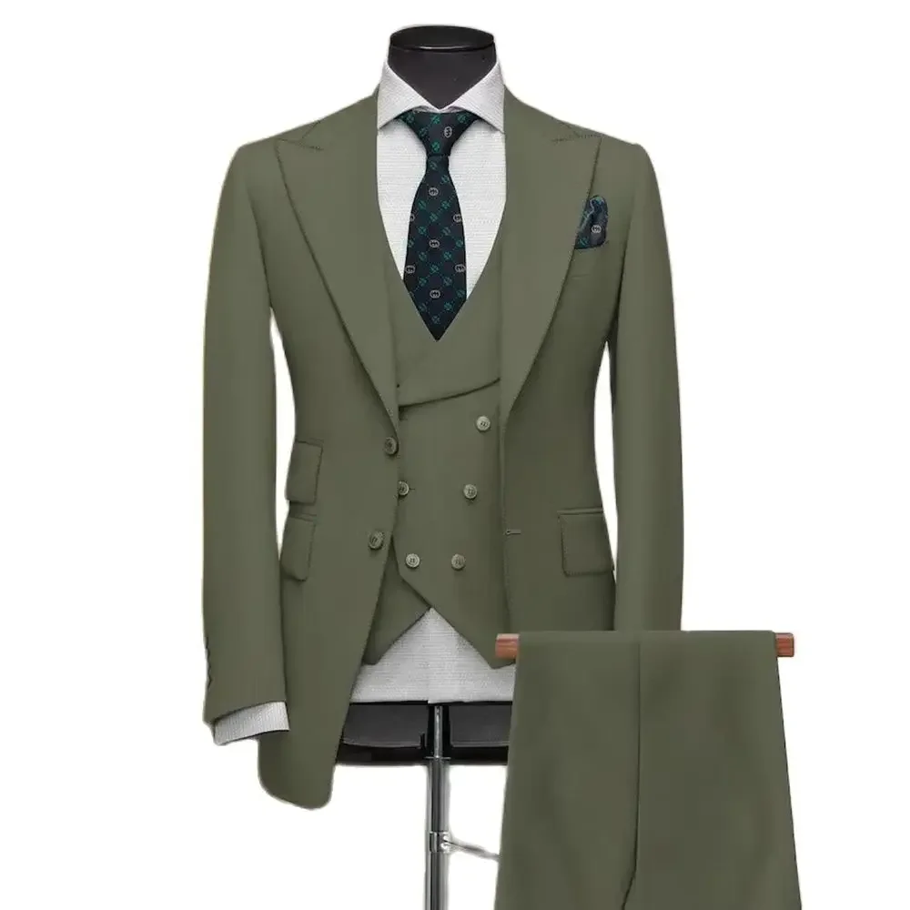 Solid Color Men Suits Green Single Breasted Peak Lapel Regular Length 3 Piece Jacket Pants Vest Blazer High Quality Clothing