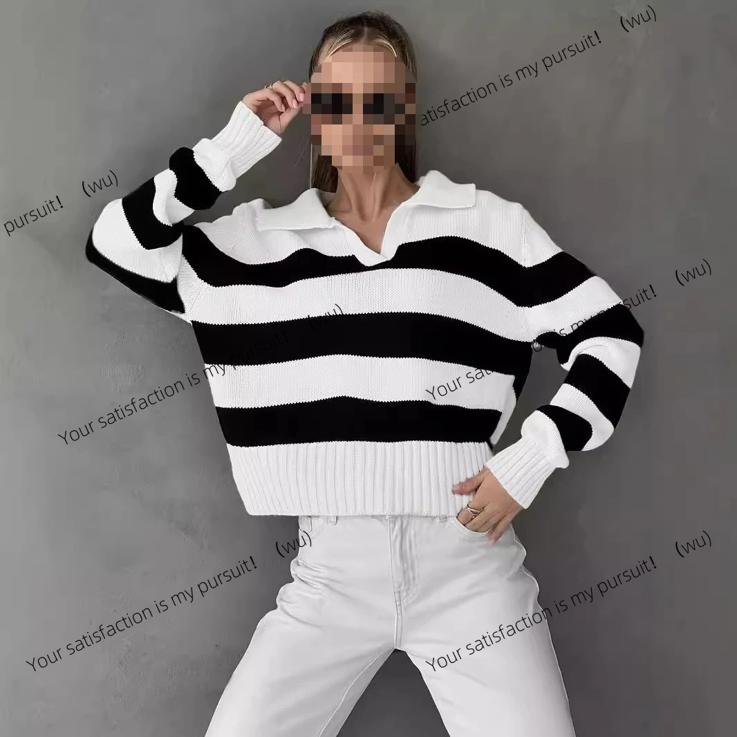ZOCI-Damen-Strickpullover, POLO-Ausschnitt, gestreift, Kontrastfarbe, lockerer Strickpullover für Damen