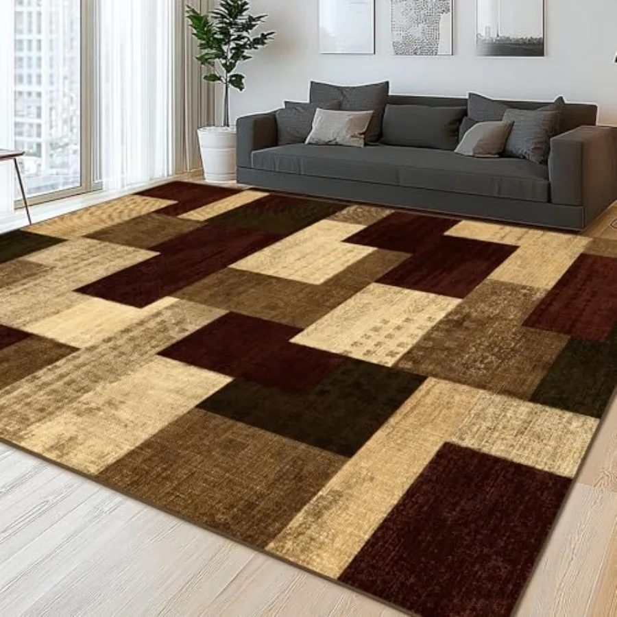 

Modern Geometric Patchwork Indoor Area Rug for Living Room, Red 5x7 Large Rug on Hardwood Floors Burgundy Throw Carpet for Bedr