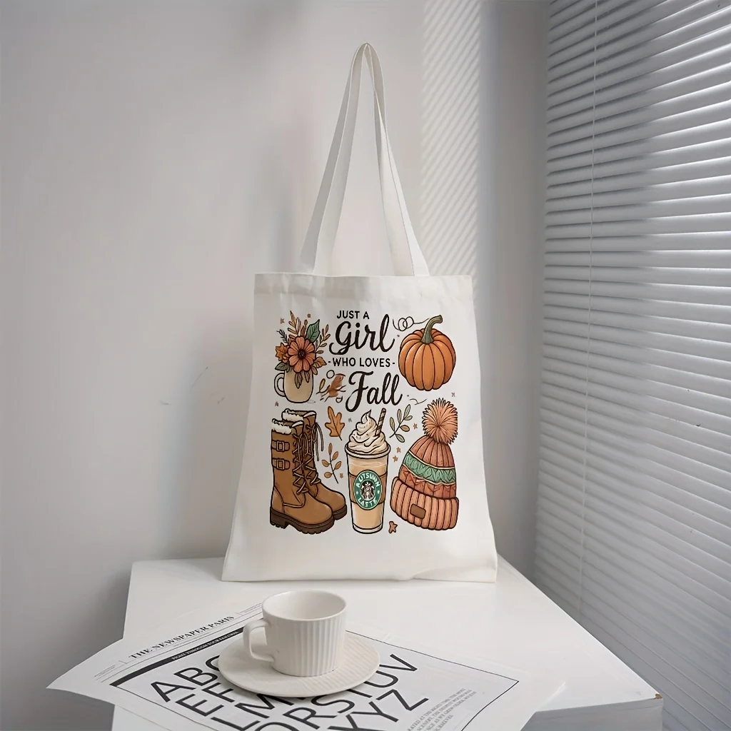 Fashion Autumn Theme Featuring Pumpkins Fallen Leaves and Coffee Reusable Shopping Bag for Travel and Parties Vintage Tote Bags