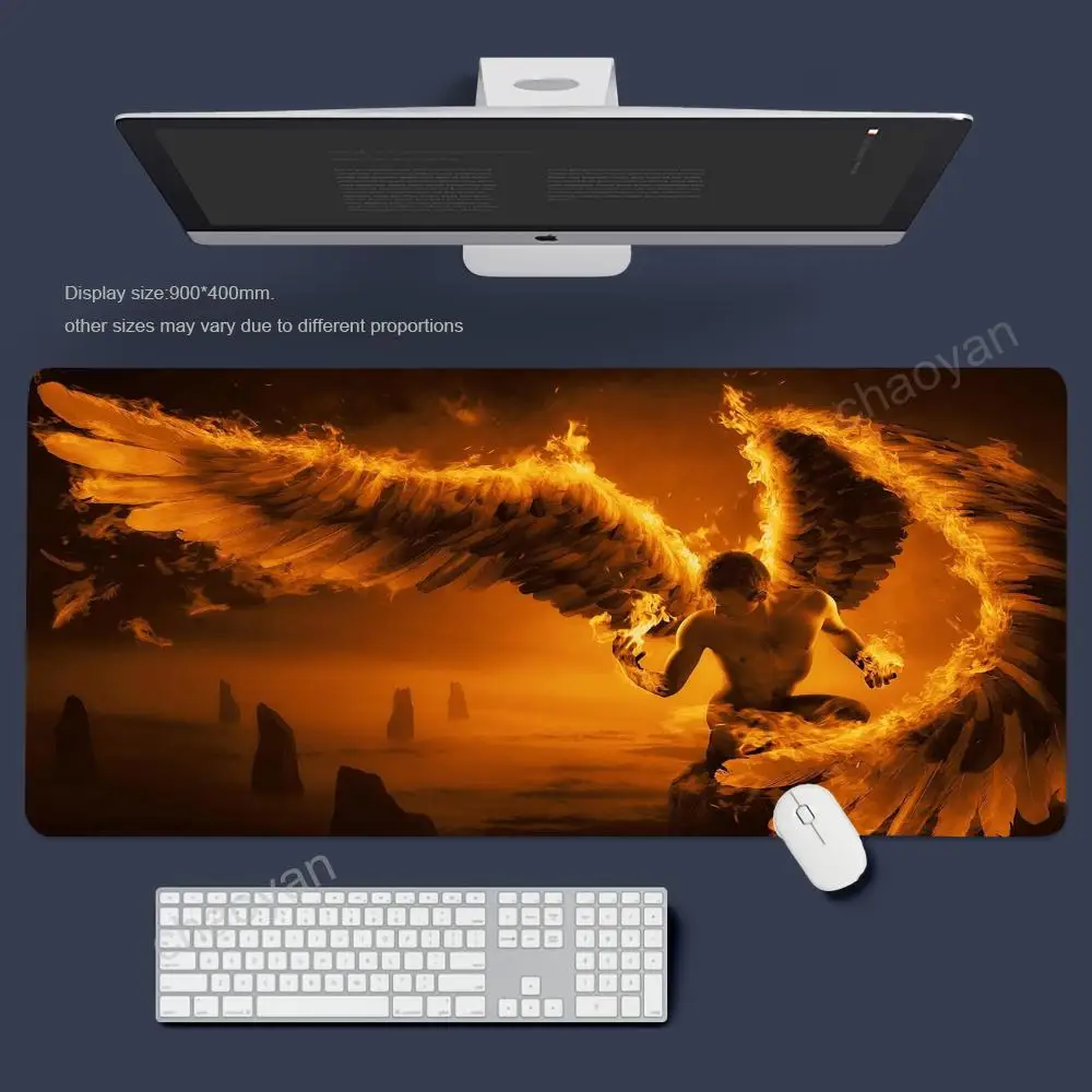 Large gaming mouse padGlowing Wings Warrior design anti-slip rectangular table mat XXL rubber lockedge carpet gaming accessorys