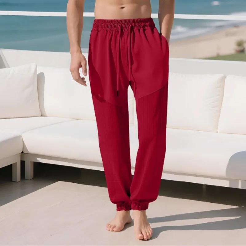 Men Loose Faux Linen Splice Jogger Pants Casual Drawstring Waist Sports Trousers For Autumn