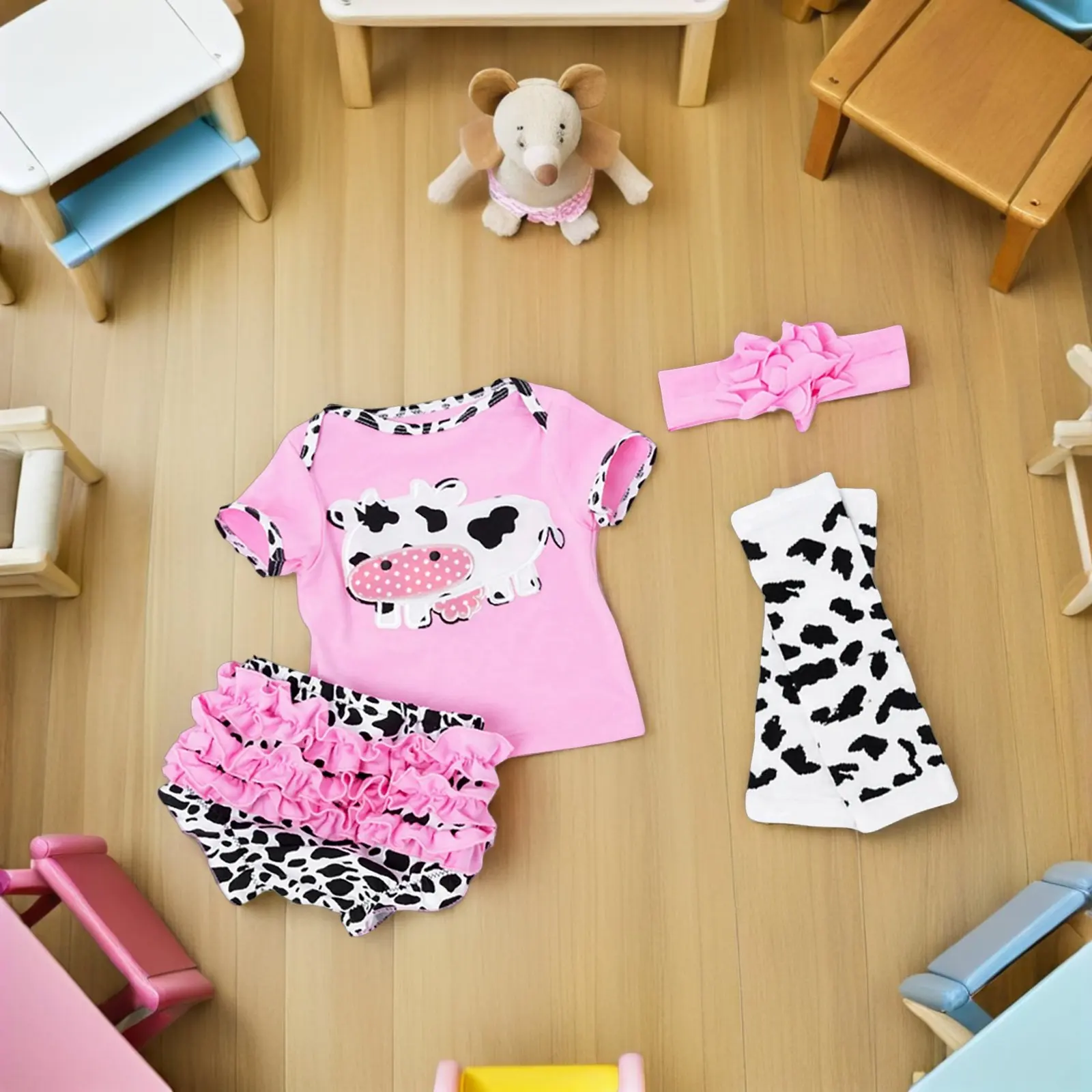 新生児用ベビー服4点セット。ピンク色の手作りコットン製。20～22インチの新生児に合う、快適でコーディネートしやすいアクセサリー付き。