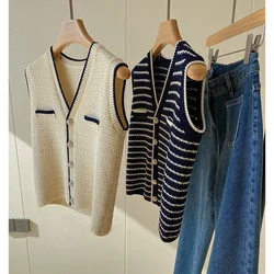 Retro V-neck Heavy Contrast Color Striped Sweater Vest Chaleco Mujer Y2k Clothes Crop Top Knitted Cardigan Jacket Spring Slim