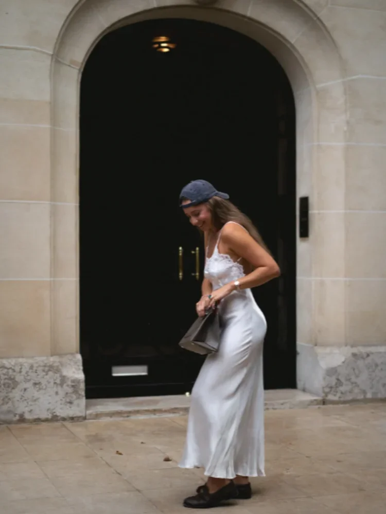 Vestido largo sexi de satén con cuello en V para mujer, vestido elegante de encaje blanco con retazos, sin mangas, sin espalda, vestido largo ajustado, vestidos de fiesta de noche elegantes