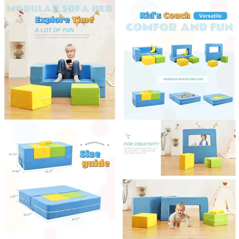 

Convertible Foam Sofa for Kids, Toddler Play Couch, Children's Fold-Out Sofa Bed in Dynamic Colors