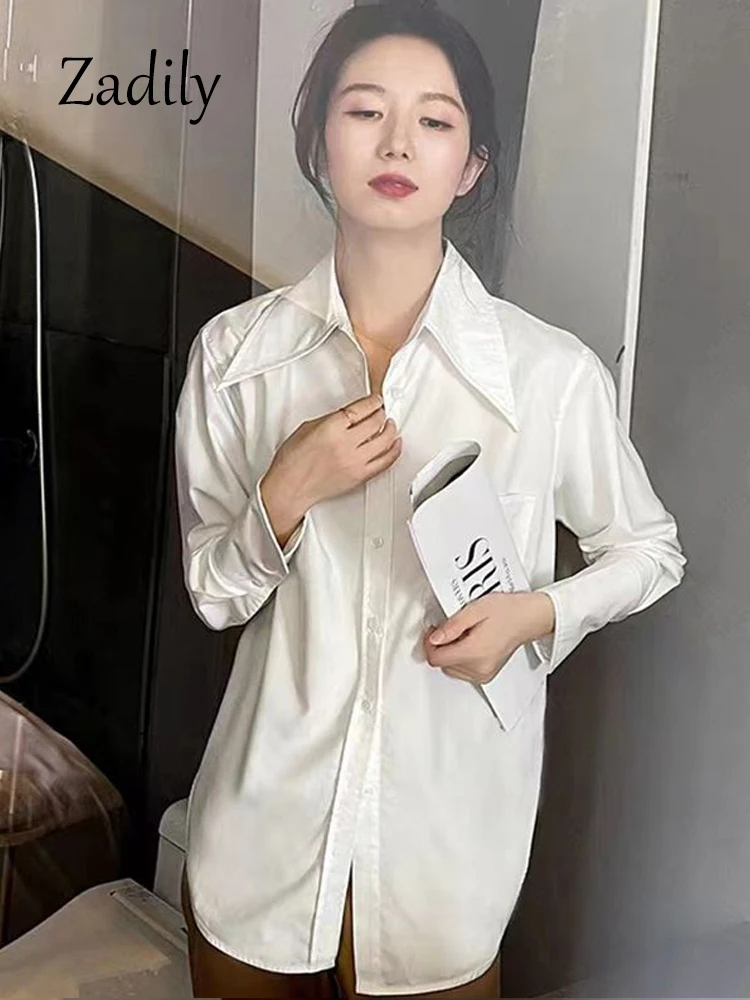 Zadily 2024 Spring Office Lady Long Sleeve Women Basic White Shirt Korea Style larged collar Button Up Work Female Blouse Tops