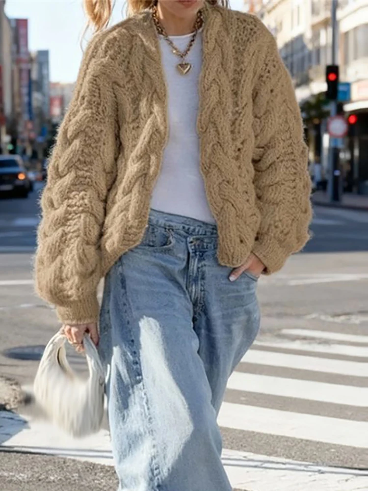 Vintage Twist Solid Color Women's Tops Cardigans Autumn Winter Long Sleeve Warm Sweaters Casual V Neck Streetwear Knitted Jumper