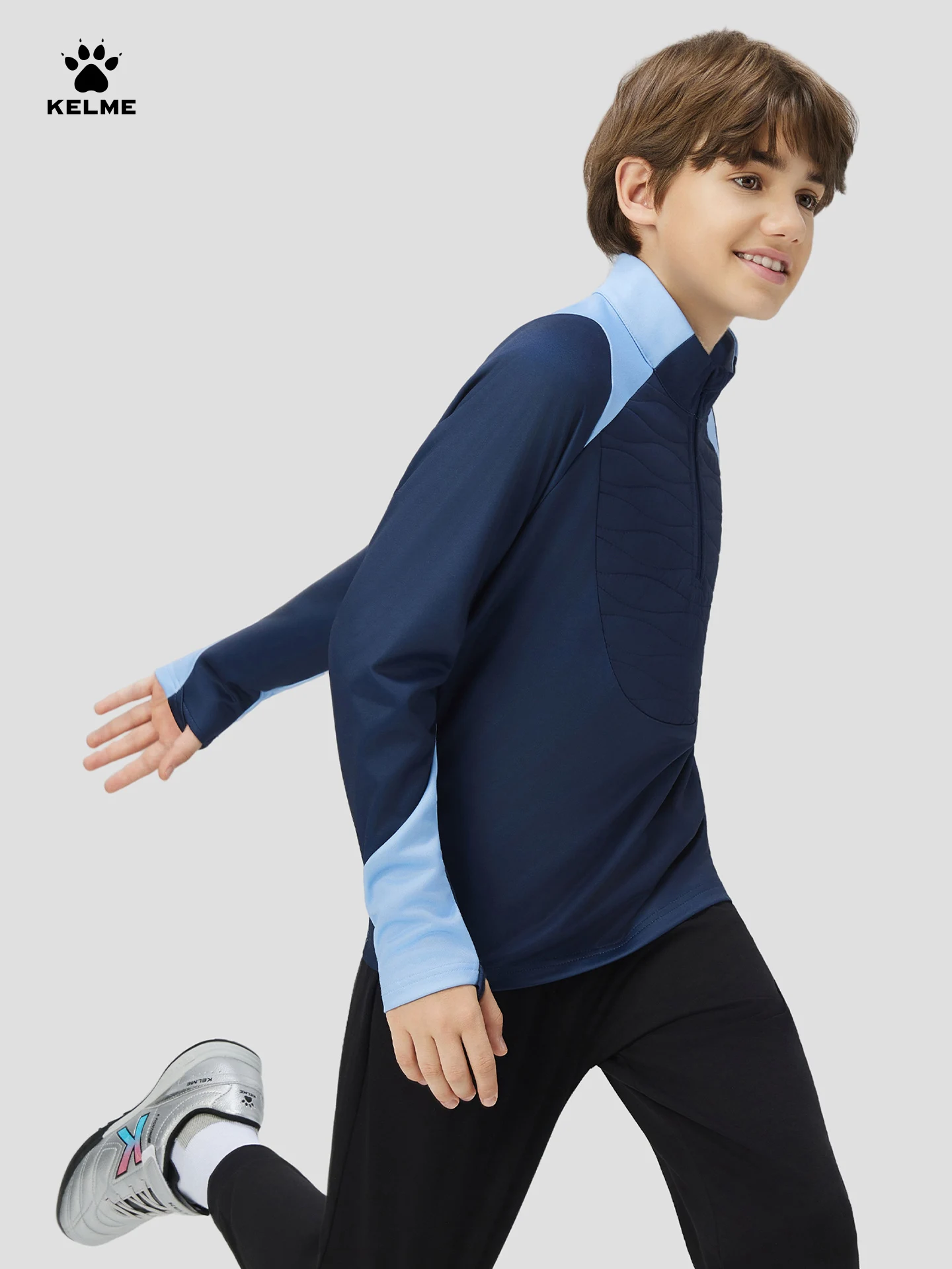Kelme Children's Football Training Clothing Winter Half Zipper Hoodie Outdoor Velvet Running Windproof Sports Long Sleeve