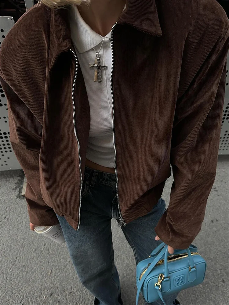 

Винтажные осенние куртки на молнии для женщин: модные свободные пиджаки с отложным воротником, длинными рукавами, однотонные, для повседневной носки, женские куртки-пэчворк