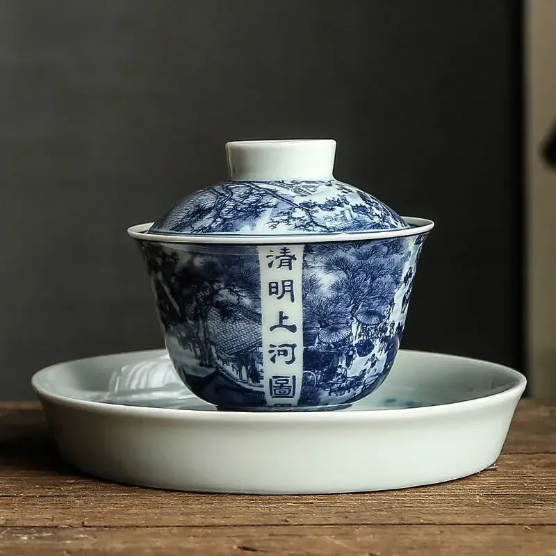 

Chinese Kung fu Tea Set, Ceramic Gaiwan, Blue and White Sancai Tea Bowls, Cups with Tray, Household Teacup and Saucer