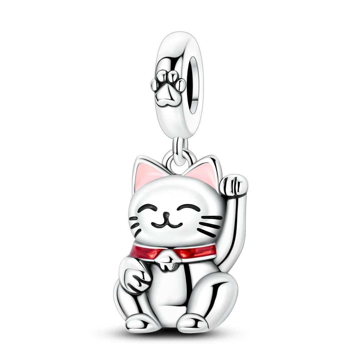 925 Sterling Silver Maneki Neko Lucky Cat Dangle Charm Bead Red Enamel DIY Bracelet Bead Charm for Women Fortune Jewelry Gift