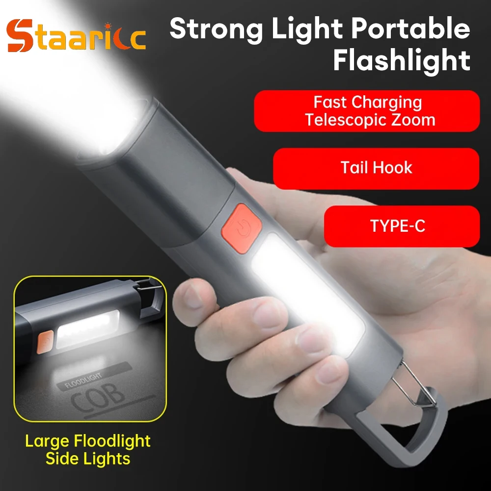 

Outdoor Flashlight Portable Strong Light Variable Focus with Floodlight Side Lights Long Range Rechargeable Flashlight
