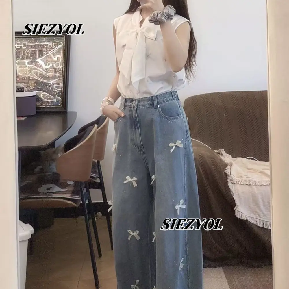 Heavy Industry Rhinestone Bead Bow Decorative High Waist Jeans Sweet Girls Versatile Washed Denim Wide Leg Pants Trousers