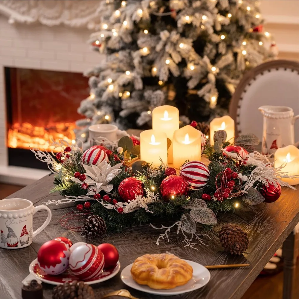 Pre-Lit Christmas Wreath for Front Door with Lights, 24 Inch Large Lighted Christmas Wreath with Red White Xmas Balls