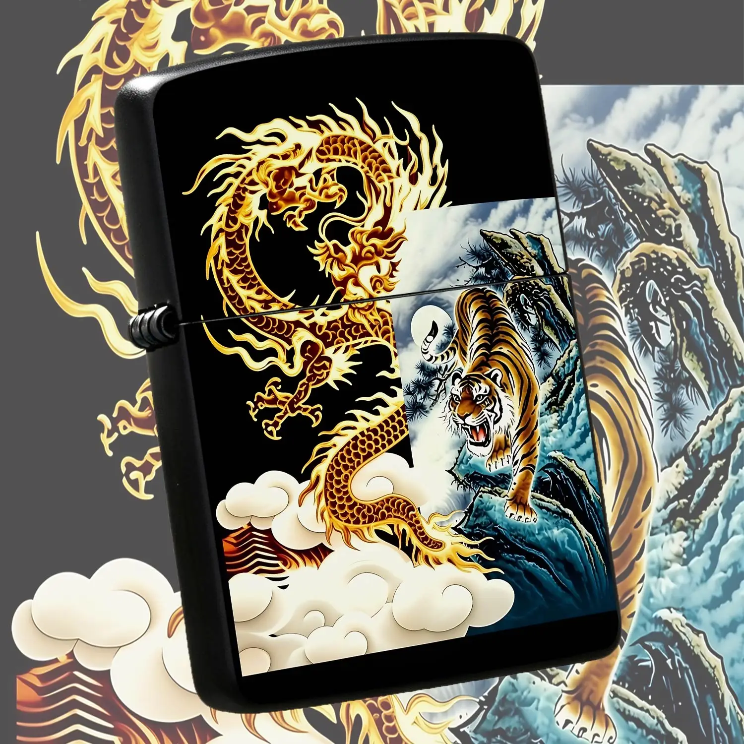 Traditional Auspicious Dragon Tiger Pattern Lighter Portable All-Scene Use Stylish Durable Exquisite Printed Decorative Igniter Ideal For Daily Carry Outdoor Travel Gifting Unique Artistic Decor Accessory For Men Women A Humorou And Interes