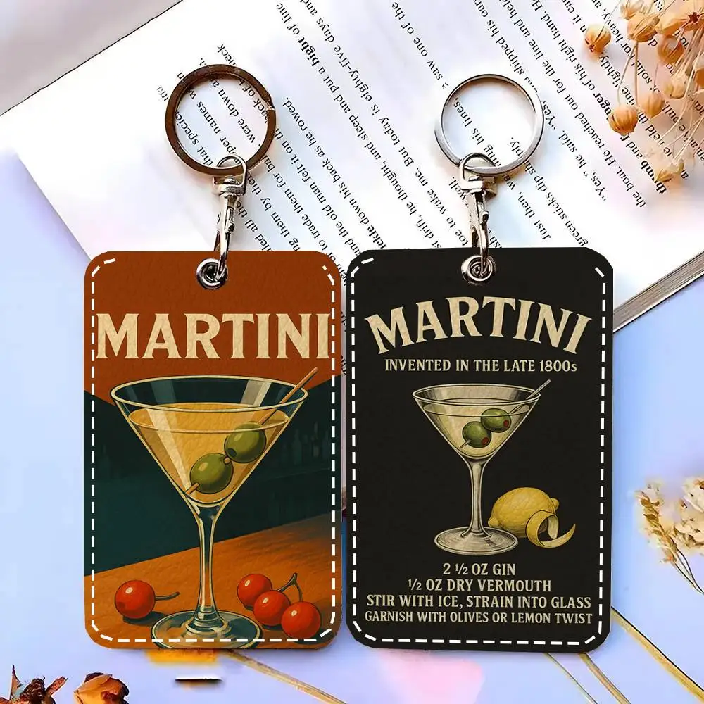 1pc Modern Retro Martini Cocktail Alcohol Classic Vintage Card Case Keychain Access Card Bag Key Tag Ring Leather Card Holder