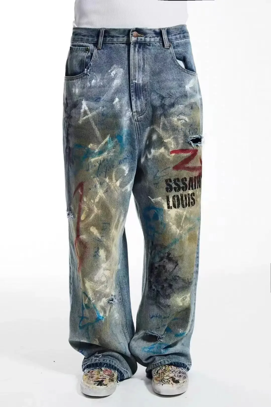Jeans SSSAINT LOUIS de alta qualidade lavados e desgastados homens mulheres estilo graffiti vintage solto respingos jeans