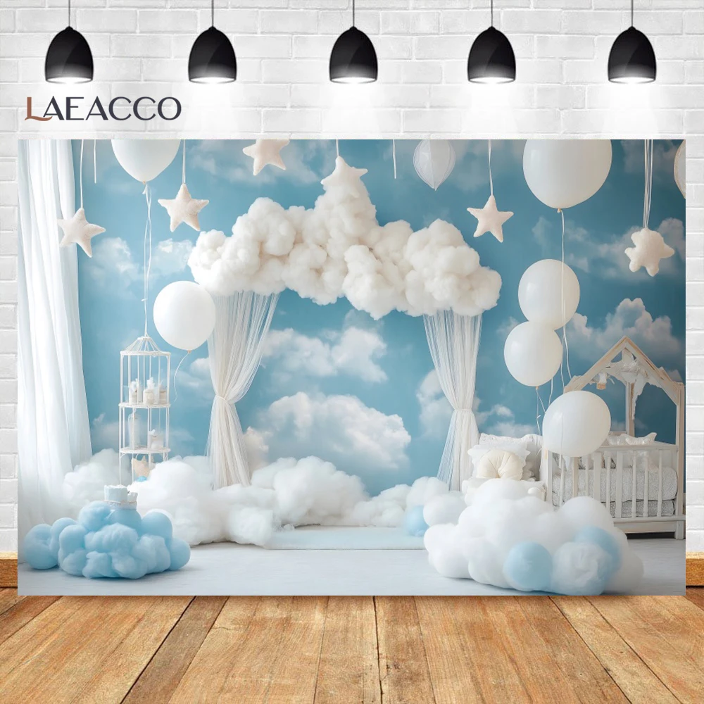 Fond de photographie bleu pour réception-cadeau pour bébé, nuages blancs, ballons étoiles, décorations d'anniversaire pour enfant, stand Photo, Portrait, arrière-plan pour Photo