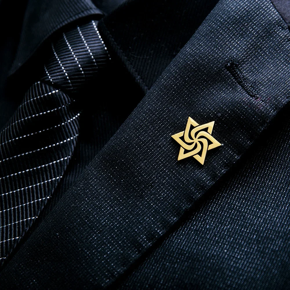 Stainless Steel Spiral Star of David Brooches for Men Judaism Symbol Religious Faith Jewelry Suit Badge Pins Accessories