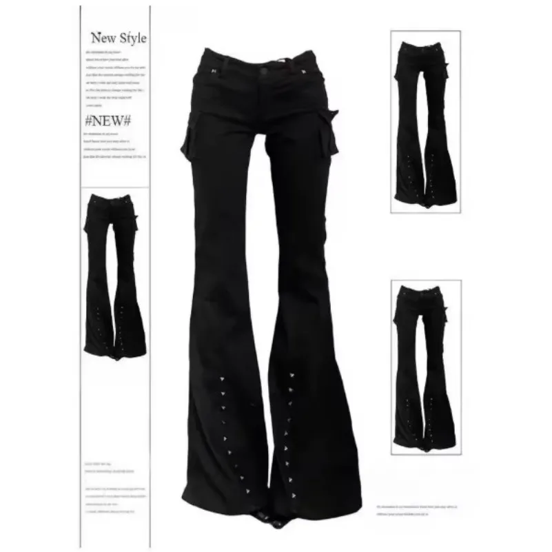 Women Dark Academia Goblin Core Long Trousers Gyaru Goth Low Rise Flare Pants Y2K Streetwear Stretch Japanese Harajuku Grunge