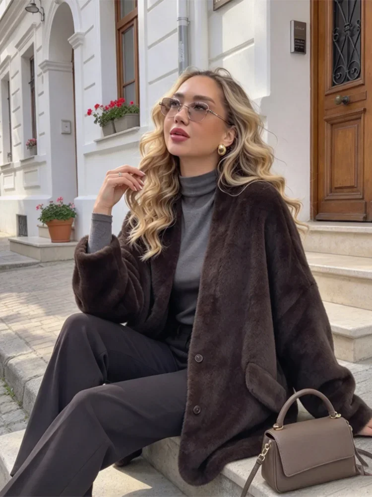 Lady Cozy Brown Faux Fur Jacket Long Sleeve Wide Collar Open Front Pockets Coat Autumn Winter Daily Streetwear Trendy Outerwear