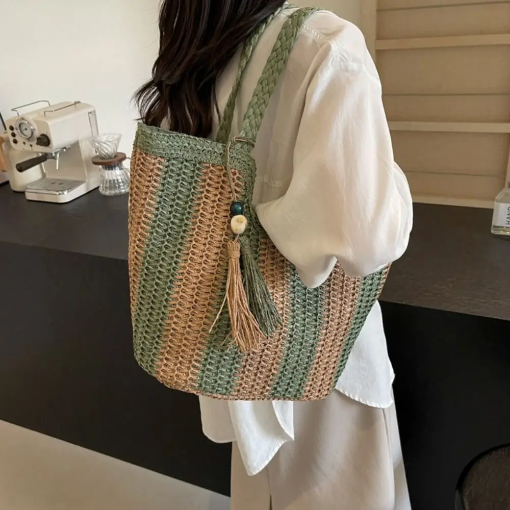 

Fashion Summer Straw Crochet Bag Leisure Beach Striped Shoulder Bag Vacation Casual Women's Handbags Travel