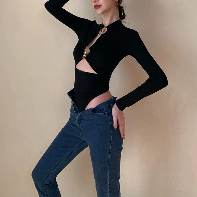 Women's bodysuit, solid long sleeve hollow bodysuit with metal ring, suitable for spring and autumn season, black