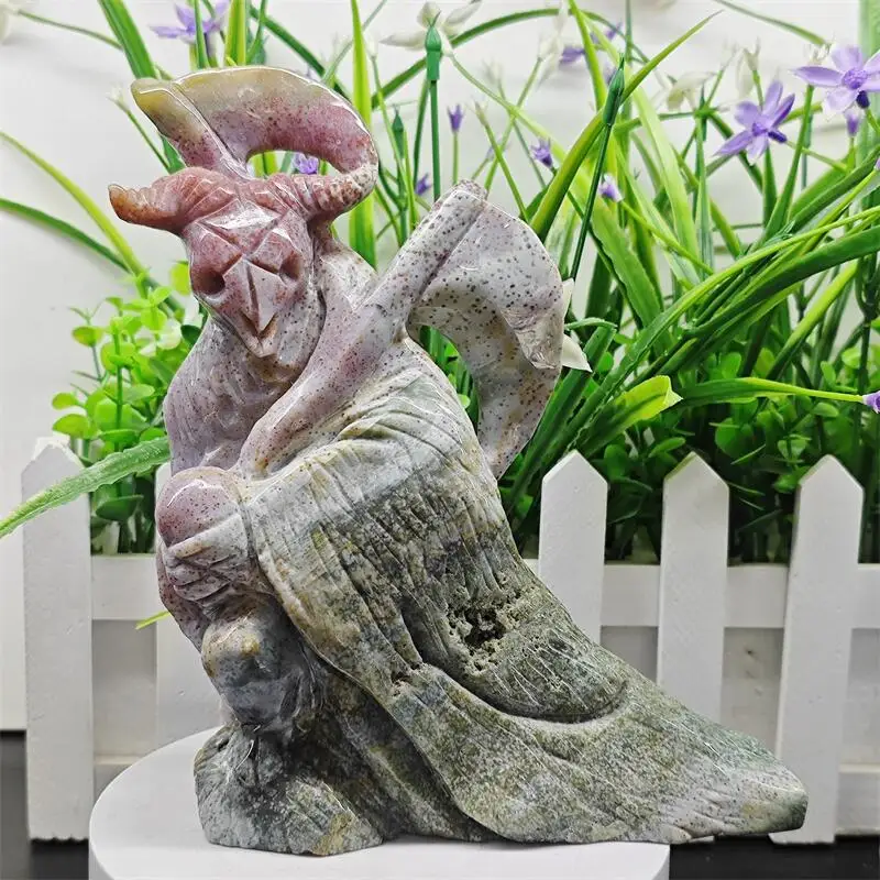Natural Ocean Jasper Goat Dark Wizard Carving Reiki Healing Fengshui Stone Home Office Decoration Holiday Gift 1PCS