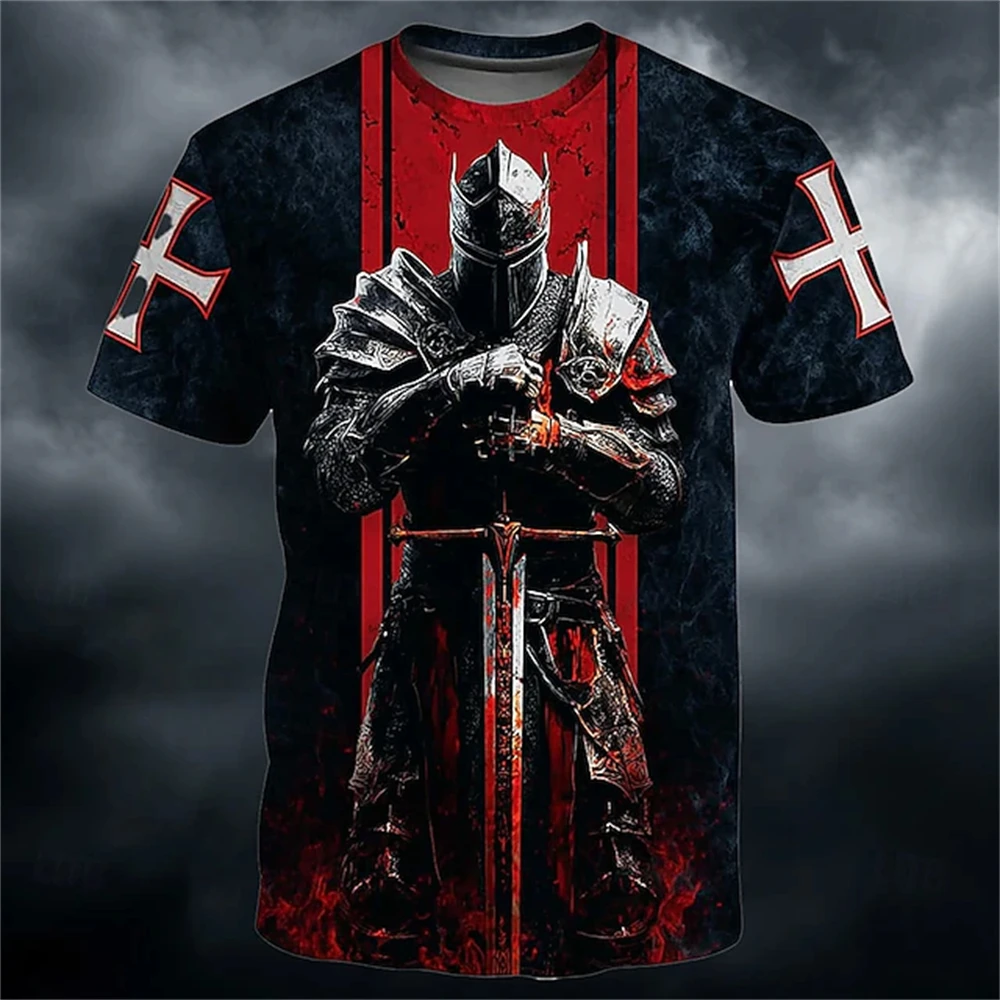 Men's Summer 3D Templar Warrior T-Shirt Summer Casual Streetwear Round-Neck Short-Sleeve Top Fashionable and Trendy T-Shirt