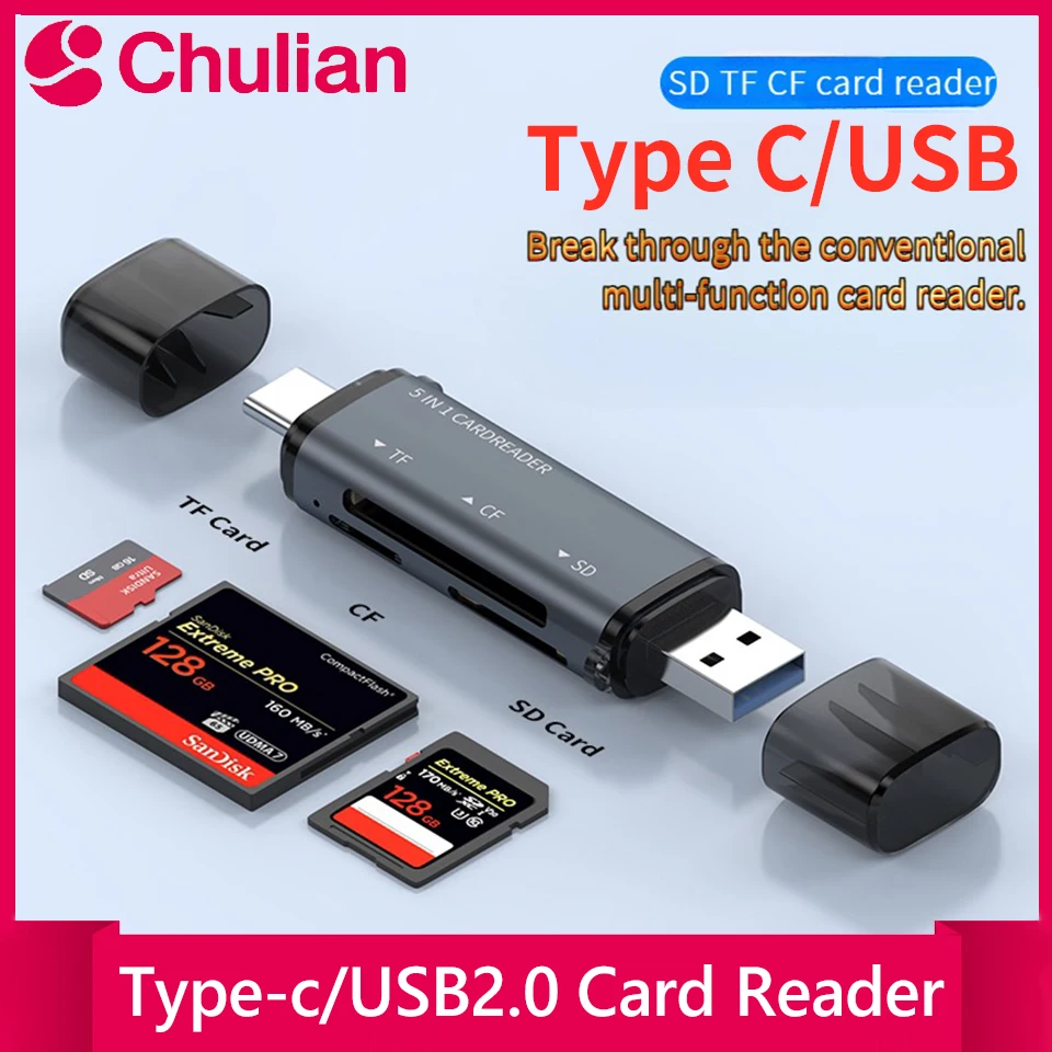 Type C USB 2.0 Multi-Function Card Reader for Mobile Phones Computers Tablets - CF/SD/TF Memory Card Slot - Plug And Play