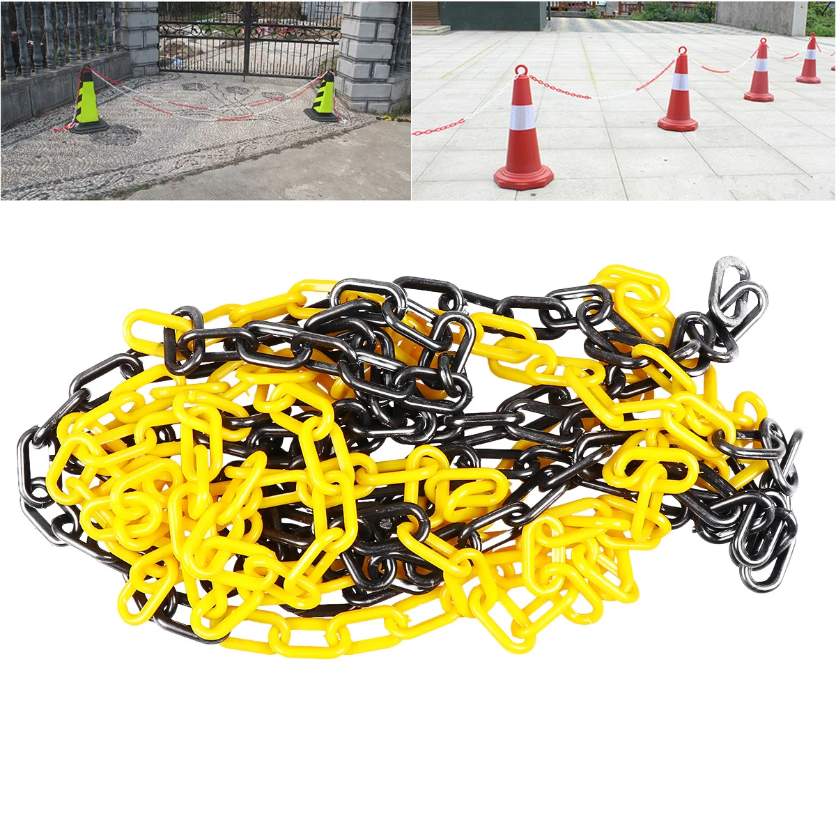 Immagine 6: 1 rotolo 6M catena di sicurezza in plastica gialla nera barriera di controllo della folla resistente ai raggi UV per parcheggio di eventi di magazzino da cantiere