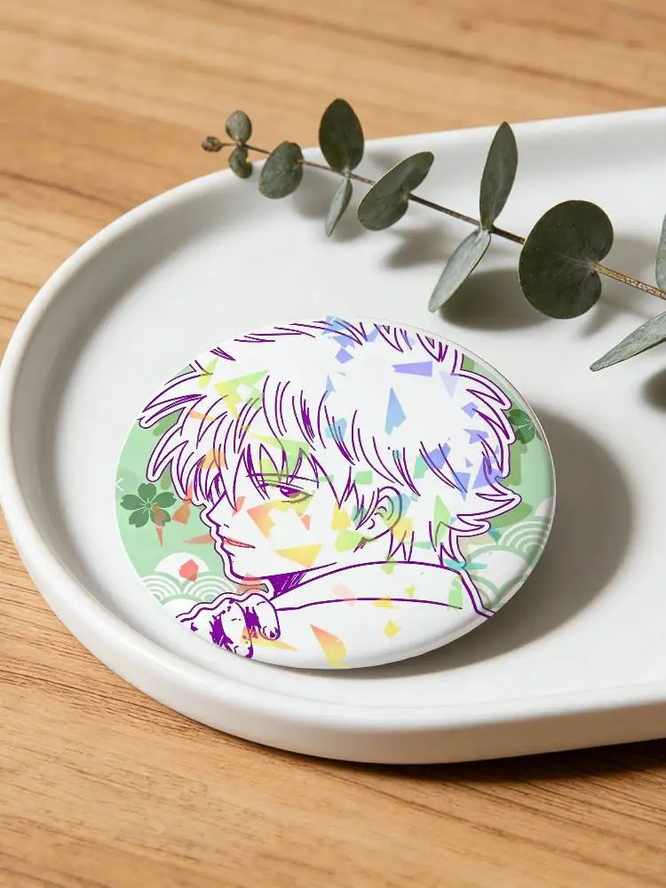Sakata Gintoki Anime G-Gintama Round Badge Lapel Pins for Backpacks Briefcase Laser Brooch Clothes Gifts