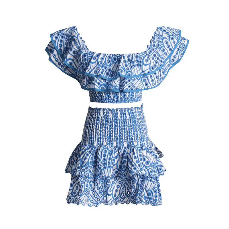 Temperament French Skirt Two Piece Set Women Sexy Hollow Out Ruffle Cropped Top High Waist A-line Mini Skirts 2 Piece Sets Trend