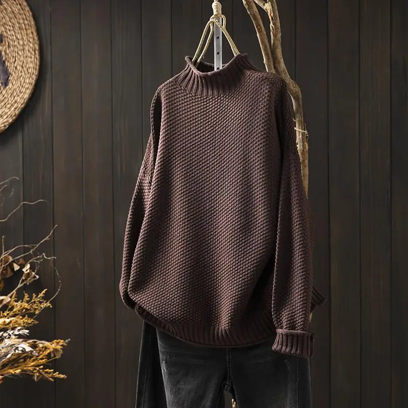 Vintage Turtleneck Pullover Women Knit Long Sleeve Top Tees Sweater Oversize Knitwears Ladies Casual 2023 New