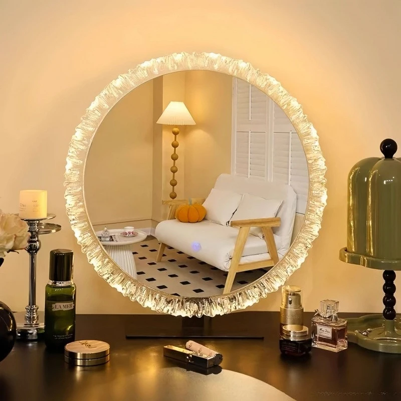 Light luxury makeup mirror wall-mounted desktop Internet celebrity led smart dressing  three-color dimming dressing table mirror