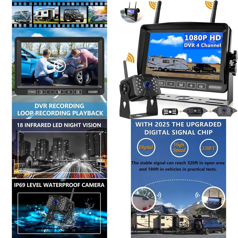 كاميرا احتياطية RV لاسلكية IP69 مقاومة للماء 170 °   كاميرا الرؤية الخلفية بزاوية رؤية واسعة HD 1080P + شاشة LCD عالية الدقة مقاس 7 بوصات، رقمية لاسلكية C