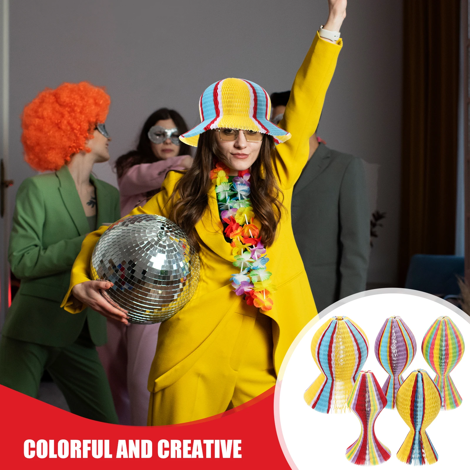 

5Pcs Honeycomb Foldable Paper Vase Hats Rainbow Color Comfortable Breathable Caps Unisex Party DIY Favors Eye-Catching