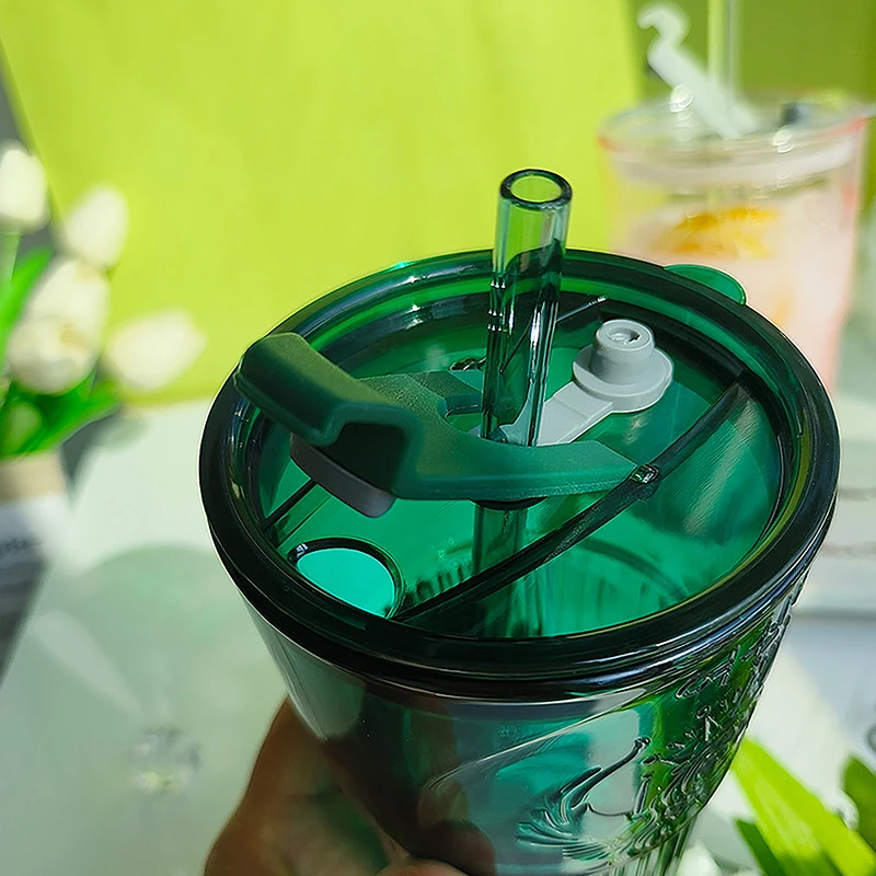 Simple Dark Green Coffee Glass Cup With Lid and Straw Transparent Bubble Tea Juice Milk Mocha Cups Breakfast Mug