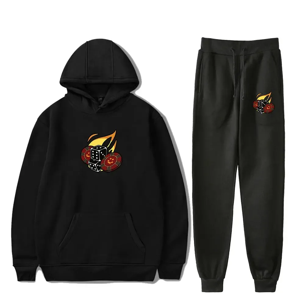 

Quckity las nevadas fogo preto hoodie all-match casual esporte hoodie moletom com capuz moletom e calças terno de duas peças