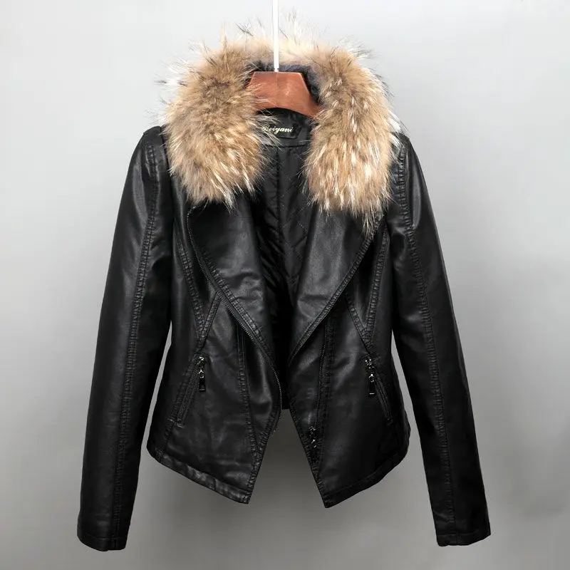 Cotton Leather Jacket for Women  Genuine Fur Collar Thick and Large-sized Pu Leather Coat for Mom Stylish Leather Jacket Trendy
