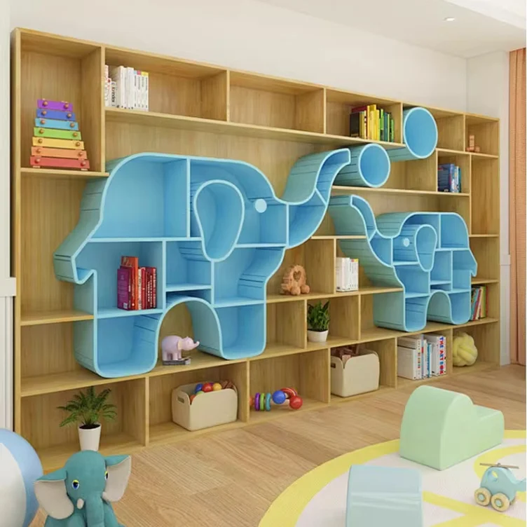 Biblioteca infantil, muebles de jardín de infantes, estanterías Estanterías con temática de animales de diseño personalizado