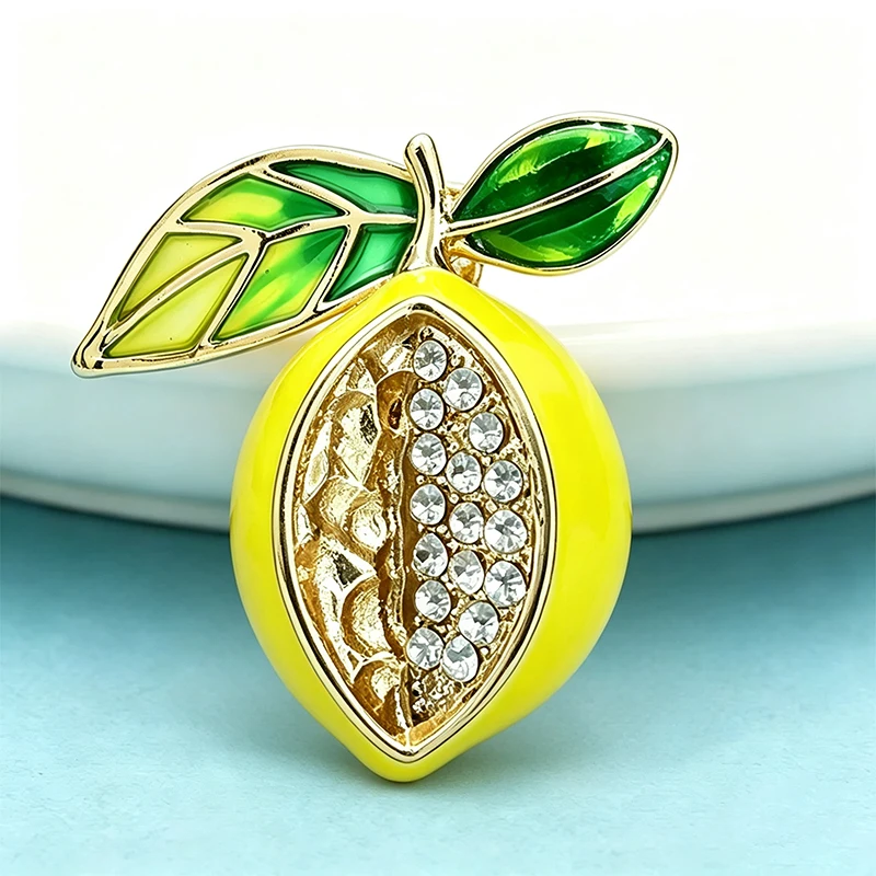 Wuli&baby Cute Enamel Lemon Brooches For Women Unisex Rhinestone Fresh Rhinestone Fruits Party Casual Brooch Pins Gifts