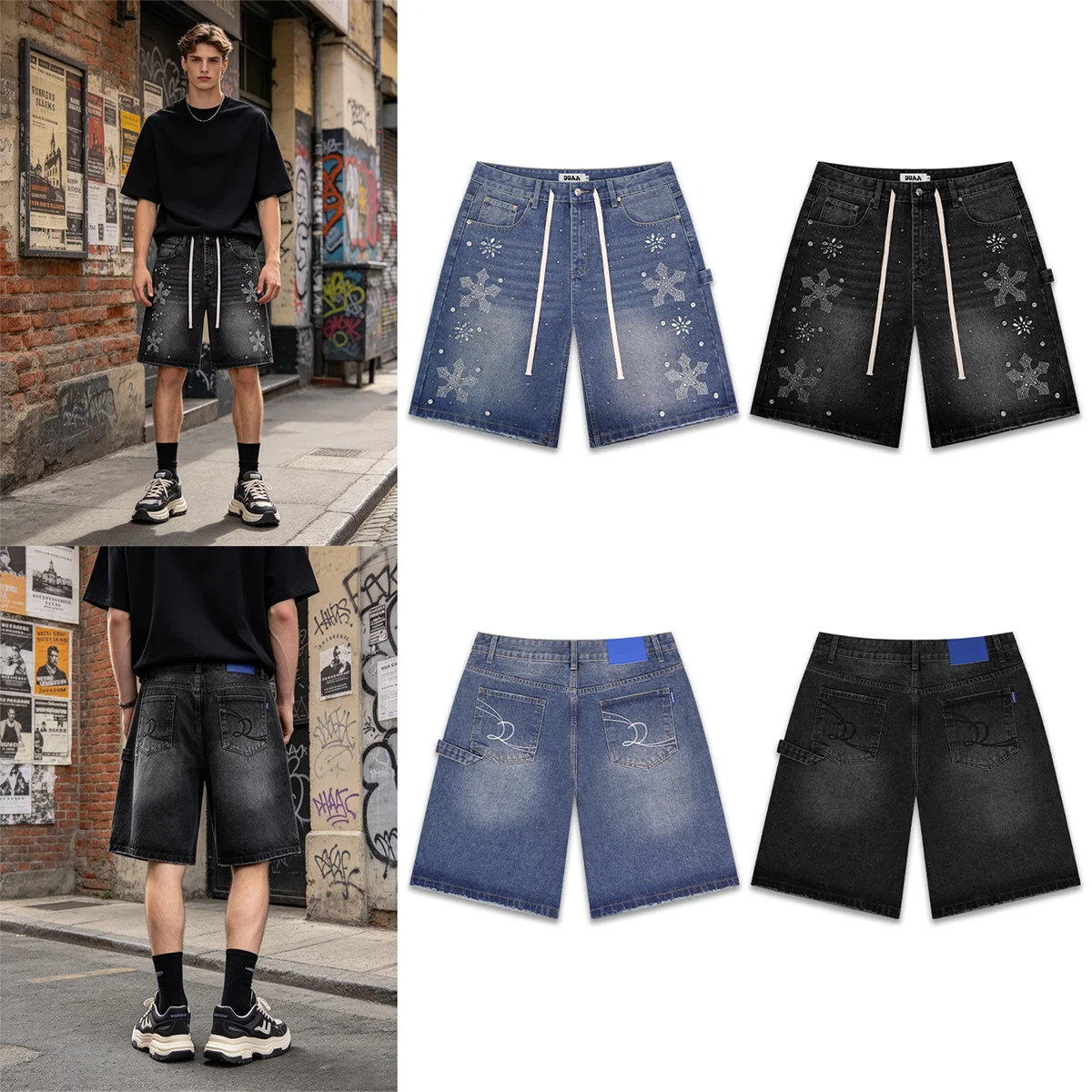 Streetwear Snowflake-studded Washed Baggy Jeans Shorts for Men and Women Vintage Baggy Rhinestone Baggy Denim Shorts Oversized