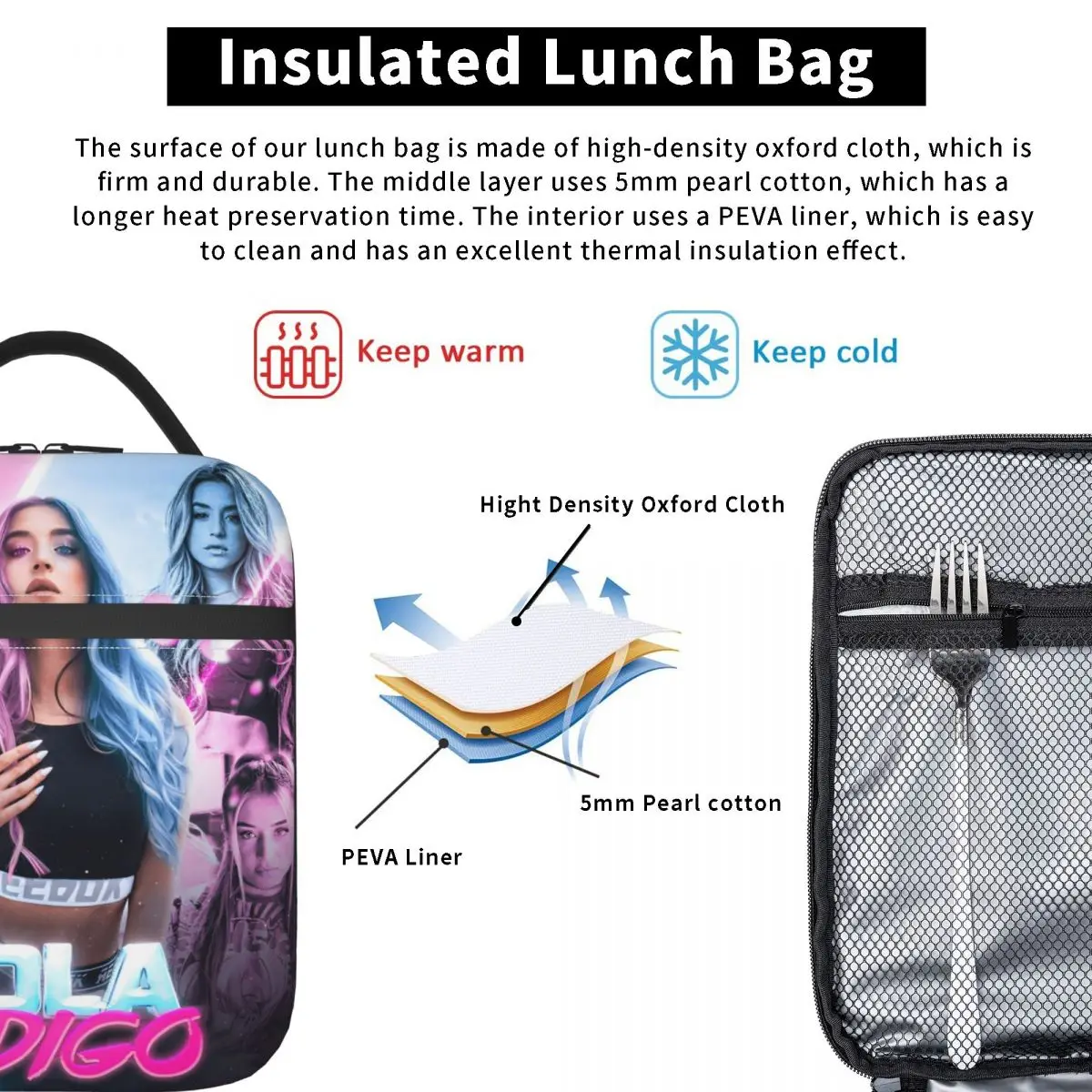 Lolas Indigos Singer Insulated Lunch Bag Thermal Bag Reusable Lunch Container Portable Tote Lunch Box Men Women College Picnic