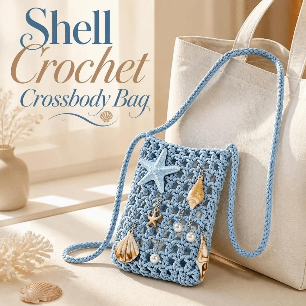 Hollow-Out Shell Crochet Crossbody Bag Cotton-Rope Ocean-Themed Beach Woven Phone Pouch Mini Lightweight Seashell Shoulder Purse