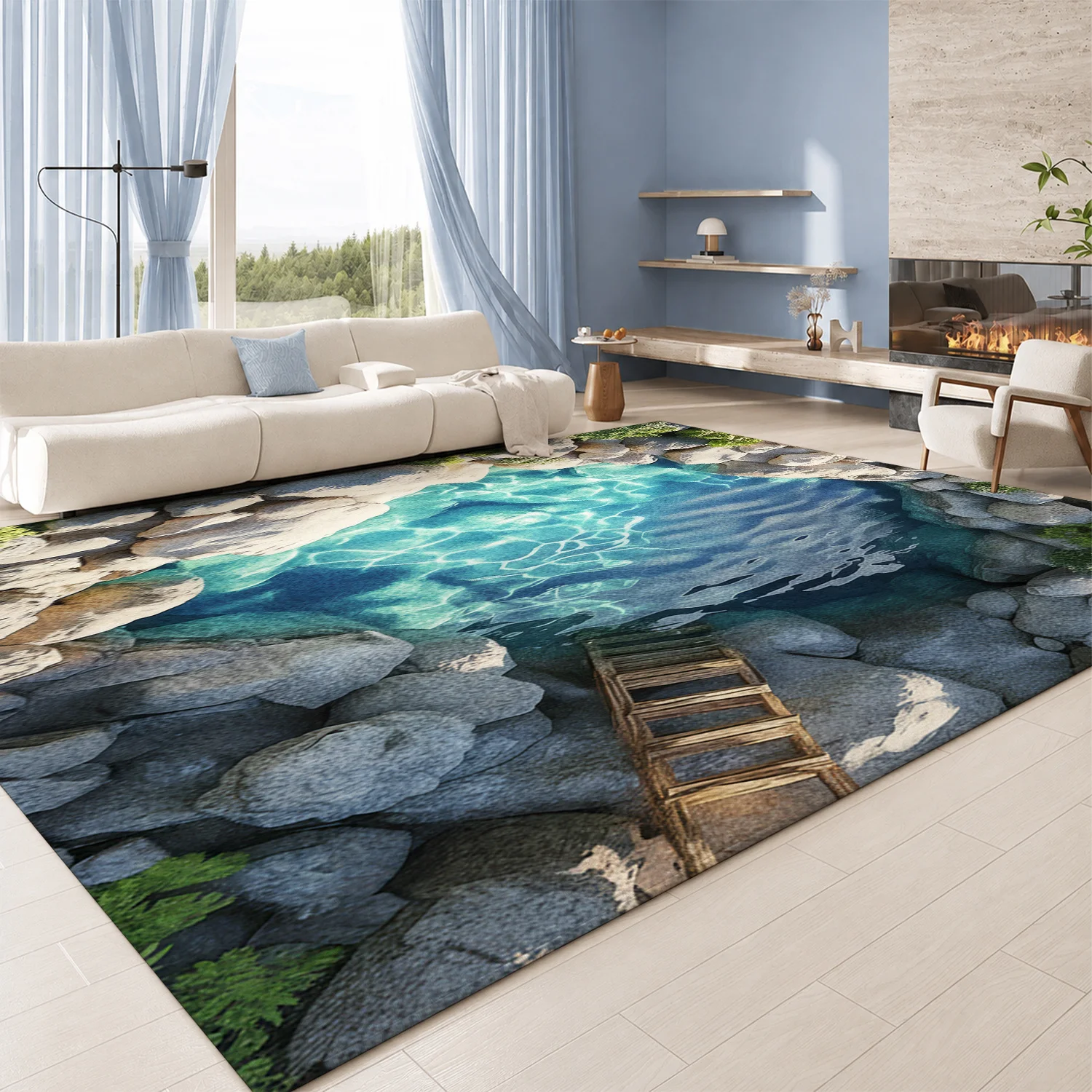 Large Indoor Area Rug, Soft Velvet Low Pile with Non-slip Dotted Backing, Machine Washable 3D Turquoise Water & Natural Stone Pattern, for Living Room Bedroom Entryway Decor