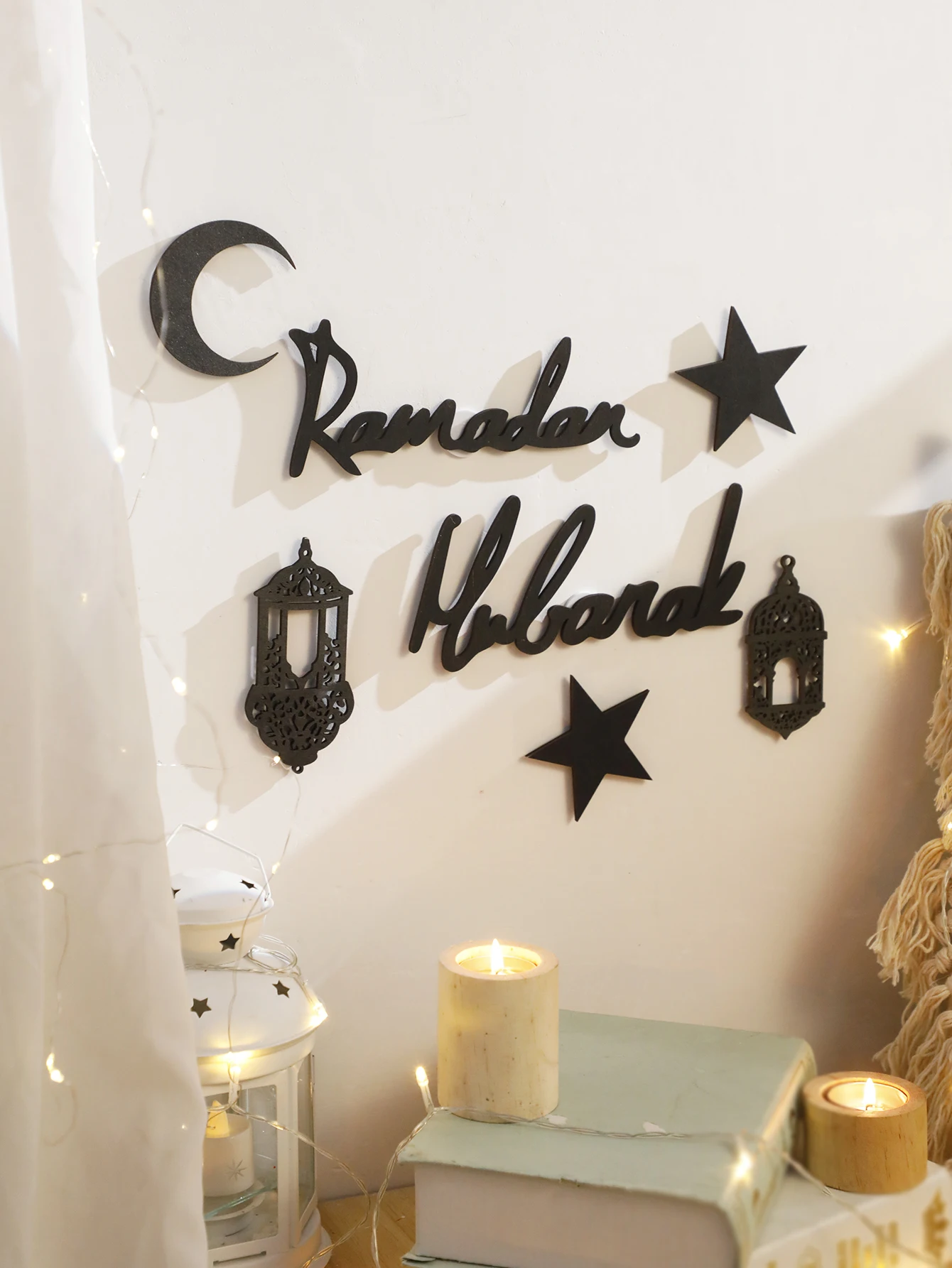 7 Pcs Wooden Ramadan Hanging Ornaments With Star Lantern Moon ,Eid Mubarak muslim decor Ramadan Kareem，Black Moon Ornaments Gift