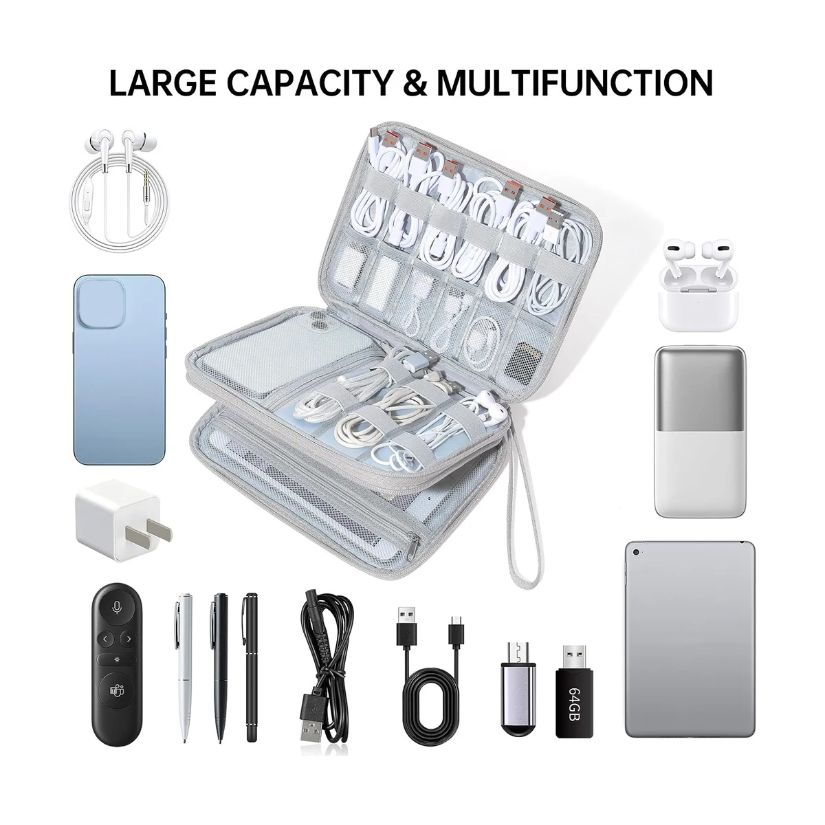 กระเป๋าจัดระเบียบอิเล็กทรอนิกส์สำหรับเดินทางกระเป๋าจัดระเบียบสายไฟสำหรับเดินทางกระเป๋าอุปกรณ์อิเล็กทรอนิกส์ขนาดกะทัดรัด-สีเทา