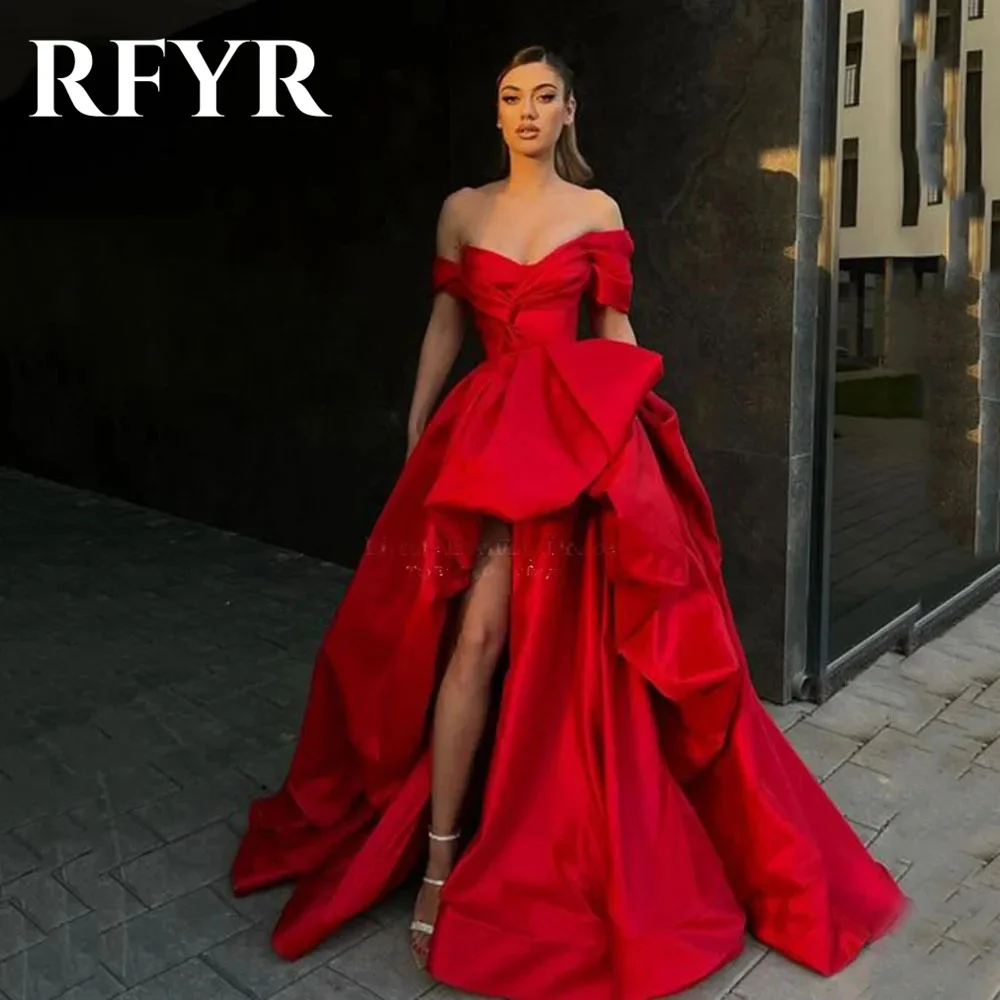 

RFYR Red Evening Dress Sexy Off The Shoulder 2024 فساتين سهرة A-Line Satin Prom Dress Sexy Side High Split Vestidos De Noche